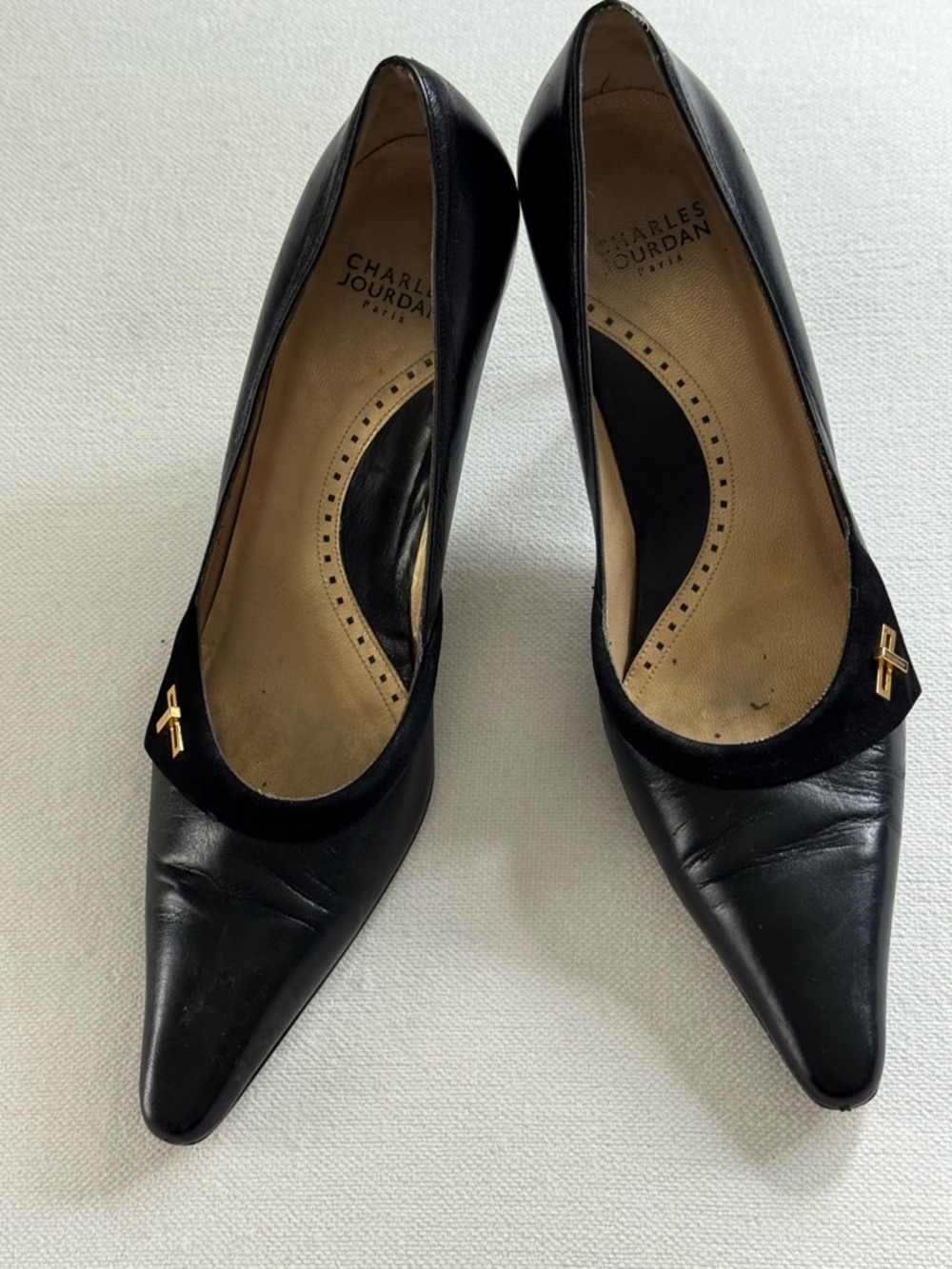 Charles Jourdan Vintage Black Pointed Leather Pumps with Gold Accent